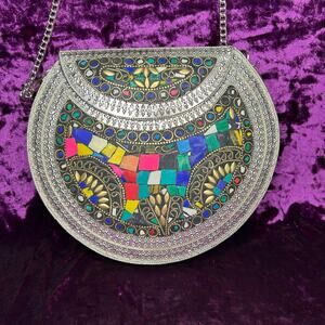 Ramla L'Oriental metal purse-handmade in Morocco silver mosaic crossbody chain